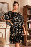 Load image into Gallery viewer, Black Glitter Sequins 1920s Dress with Batwing Sleeves
