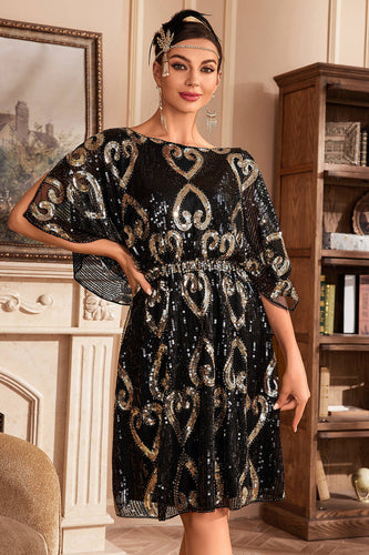 Black Glitter Sequins 1920s Dress with Batwing Sleeves