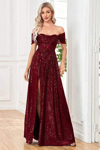 Burgundy Long Sequined Prom Dress With Slit