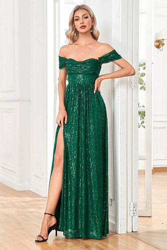 Glitter Dark Green Sheath Long Sequined Prom Dress With Slit