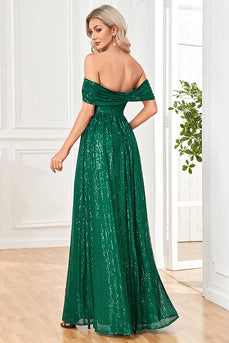Glitter Dark Green Sheath Long Sequined Prom Dress With Slit