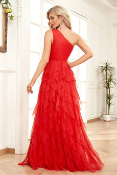 Bright Red Tulle Long Tiered Prom Dress
