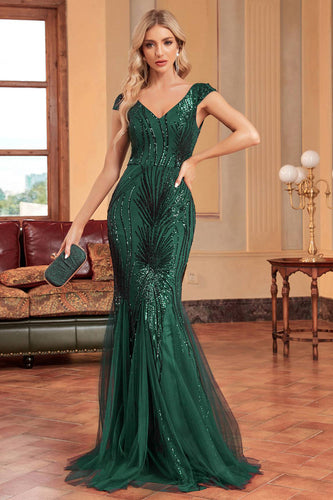 Glitter Dark Green Mermaid Long Appliqued Prom Dress