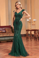 Load image into Gallery viewer, Glitter Dark Green Mermaid Long Appliqued Prom Dress