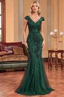 Load image into Gallery viewer, Glitter Dark Green Mermaid Long Appliqued Prom Dress