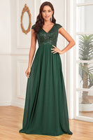 Load image into Gallery viewer, Dark Green A Line Tulle Long Prom Dress With Appliques