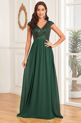 Dark Green A Line Tulle Long Prom Dress With Appliques