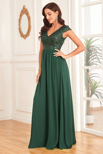 Dark Green A Line Tulle Long Prom Dress With Appliques