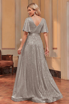 Glitter Grey A Line Long Sequined Prom Dress With Sash