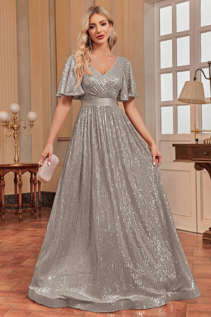 Load image into Gallery viewer, Glitter Grey A Line Long Sequined Prom Dress With Sash