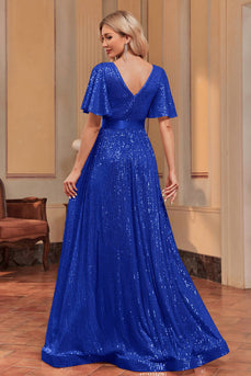 Sparkly Royal Blue A Line Long Sequined Prom Dress With Sash