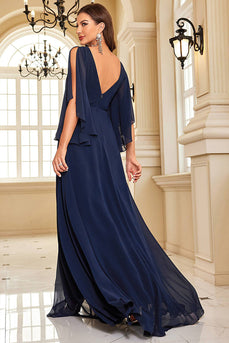 Elegant Navy Chiffon Long Prom Dress With Slit