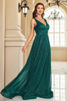 Load image into Gallery viewer, Glitter Dark Green Long Sequined Long Prom Dress