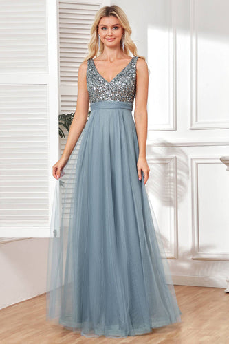 Sparkly Grey Blue Tulle Long Prom Dress
