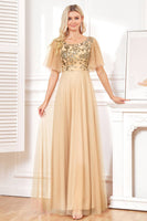 Load image into Gallery viewer, Champange Half Sleeves Long Tulle Prom Dress With Embroidery