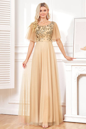 Champange Half Sleeves Long Tulle Prom Dress With Embroidery