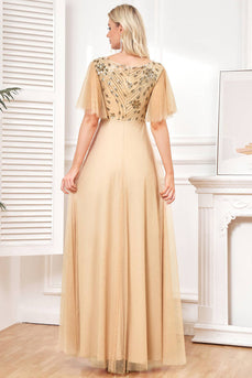 Champange Half Sleeves Long Tulle Prom Dress With Embroidery