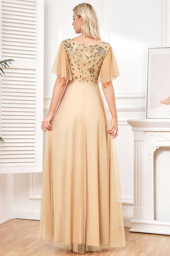 Champange Half Sleeves Long Tulle Prom Dress With Embroidery