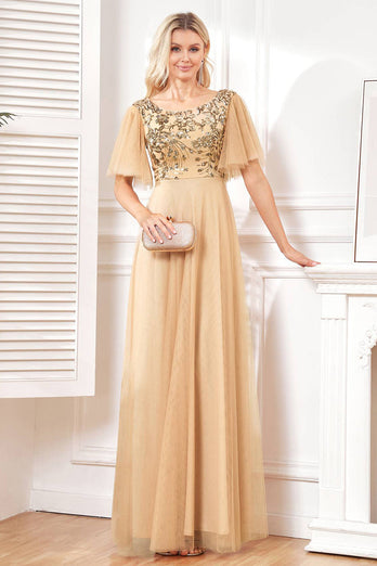 Champange Half Sleeves Long Tulle Prom Dress With Embroidery
