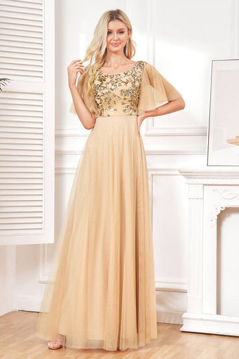 Champange Half Sleeves Long Tulle Prom Dress With Embroidery