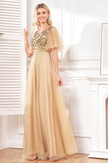 Champange Half Sleeves Long Tulle Prom Dress With Embroidery