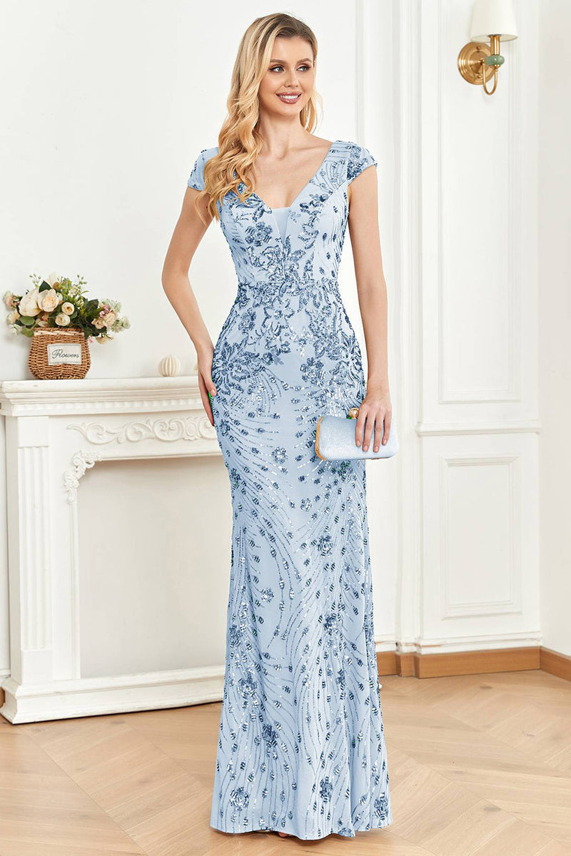 Load image into Gallery viewer, Light Blue Mermaid Appliqued Long Prom Dress