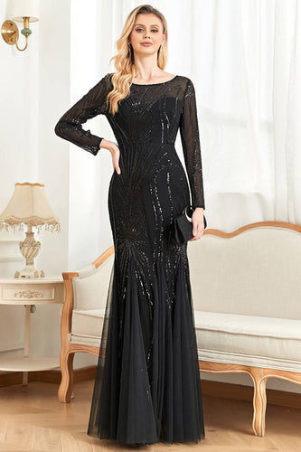 Black Mermaid Round Neck Long Prom Dress With Appliques