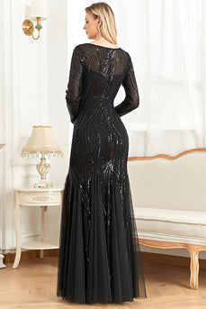 Black Mermaid Round Neck Long Prom Dress With Appliques