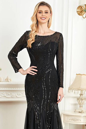 Black Mermaid Round Neck Long Prom Dress With Appliques