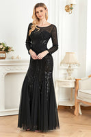 Load image into Gallery viewer, Black Mermaid Round Neck Long Prom Dress With Appliques