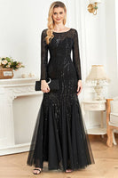 Load image into Gallery viewer, Black Mermaid Round Neck Long Prom Dress With Appliques