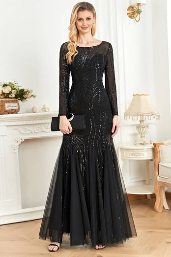 Black Mermaid Round Neck Long Prom Dress With Appliques