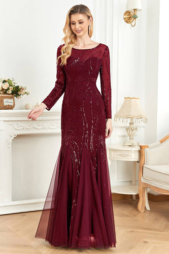 Burgundy Mermaid Round Neck Long Appliqued Prom Dress