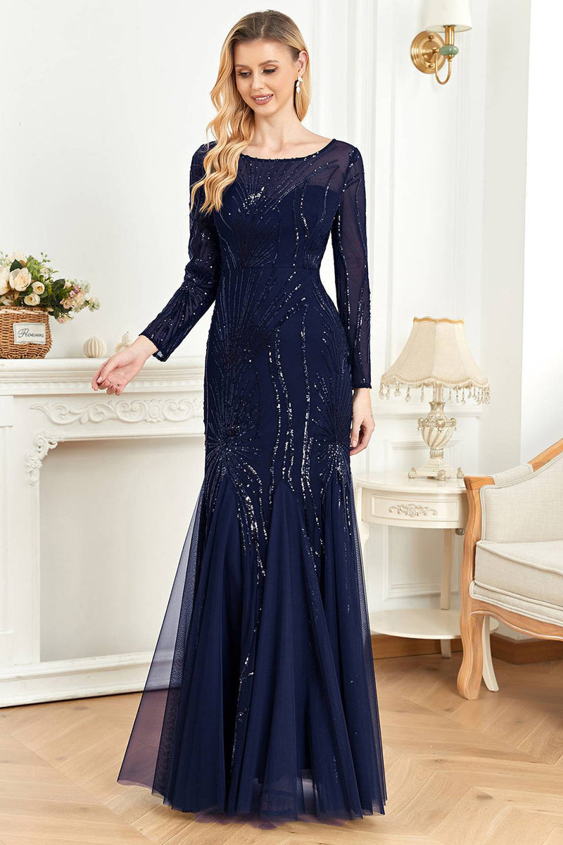 Load image into Gallery viewer, Navy Mermaid Long Appliqued Prom Dress