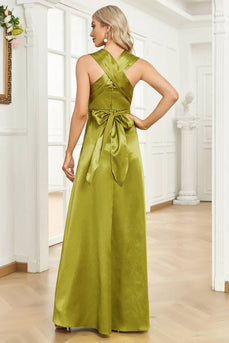 Sparkly Green Sheath Long Satin Prom Dress