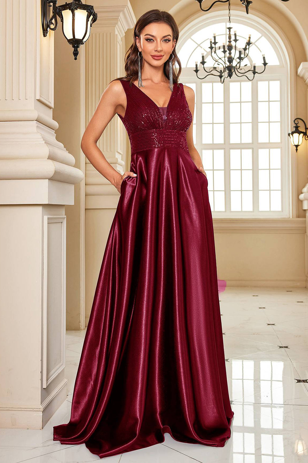 Burgundy Satin A Line Long Prom Dress