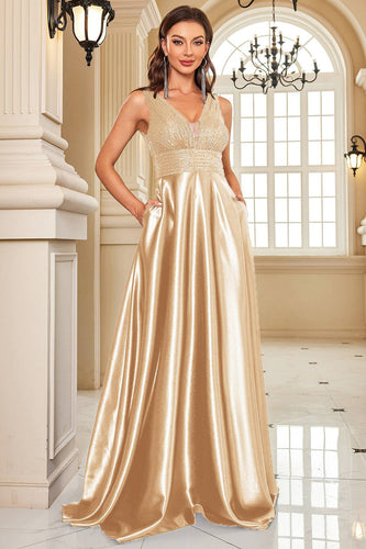 Champange Satin A Line Long Prom Dress