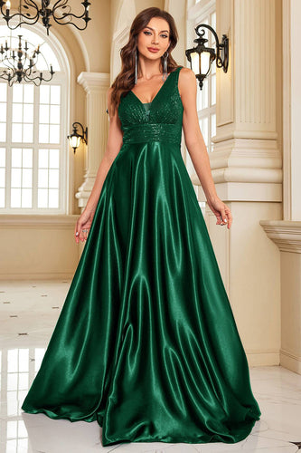 Dark Green Satin A Line Long Prom Dress