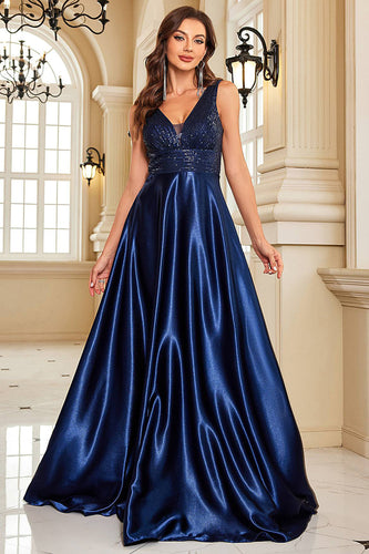 Navy Satin A Line Long Prom Dress