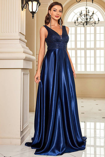 Navy Satin A Line Long Prom Dress