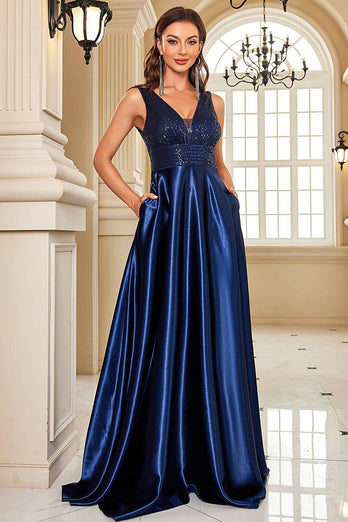 Navy Satin A Line Long Prom Dress