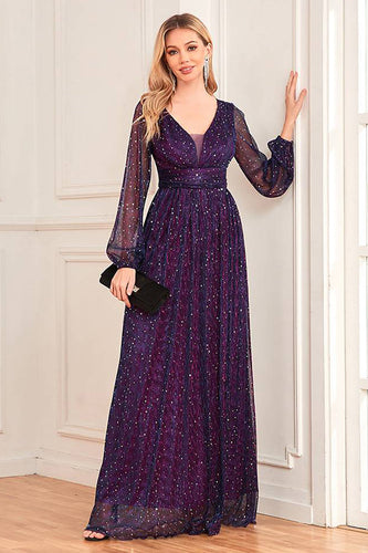 Sparkly Dark Purple Tulle Long Prom Dress