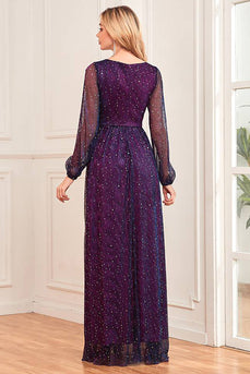 Sparkly Dark Purple Tulle Long Prom Dress