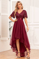 Load image into Gallery viewer, Glitter Burgundy Tulle High Low Sequined Prom Dress