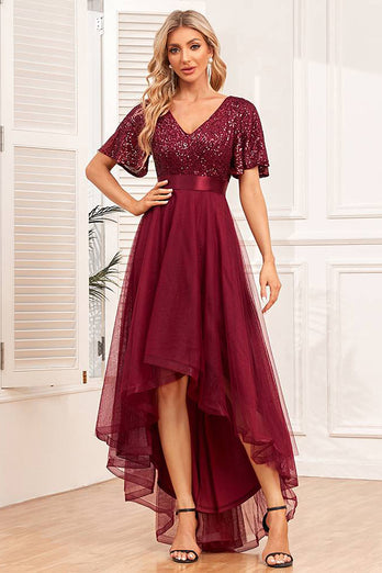 Glitter Burgundy Tulle High Low Sequined Prom Dress