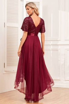 Glitter Burgundy Tulle High Low Sequined Prom Dress