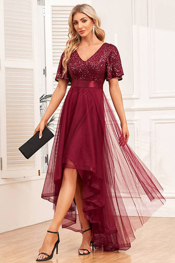 Glitter Burgundy Tulle High Low Sequined Prom Dress