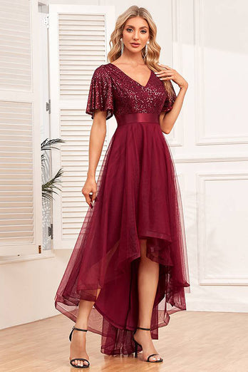 Glitter Burgundy Tulle High Low Sequined Prom Dress