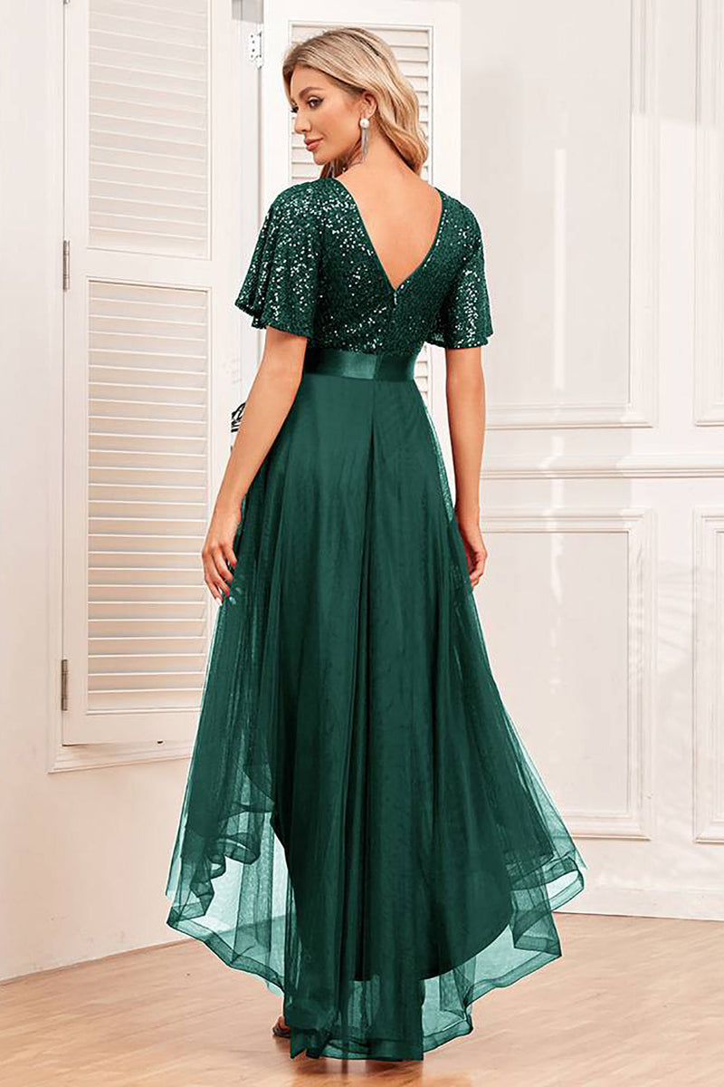 Load image into Gallery viewer, Glitter Burgundy Tulle High Low Sequined Prom Dress