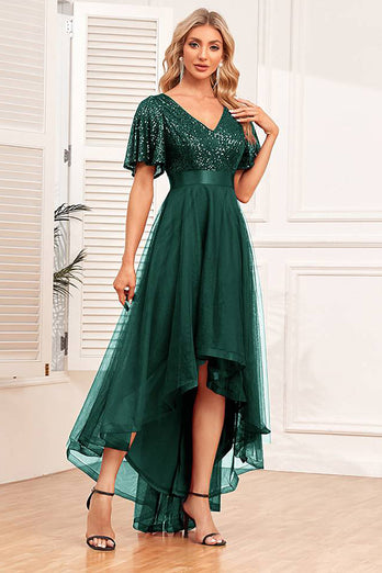 Glitter Burgundy Tulle High Low Sequined Prom Dress